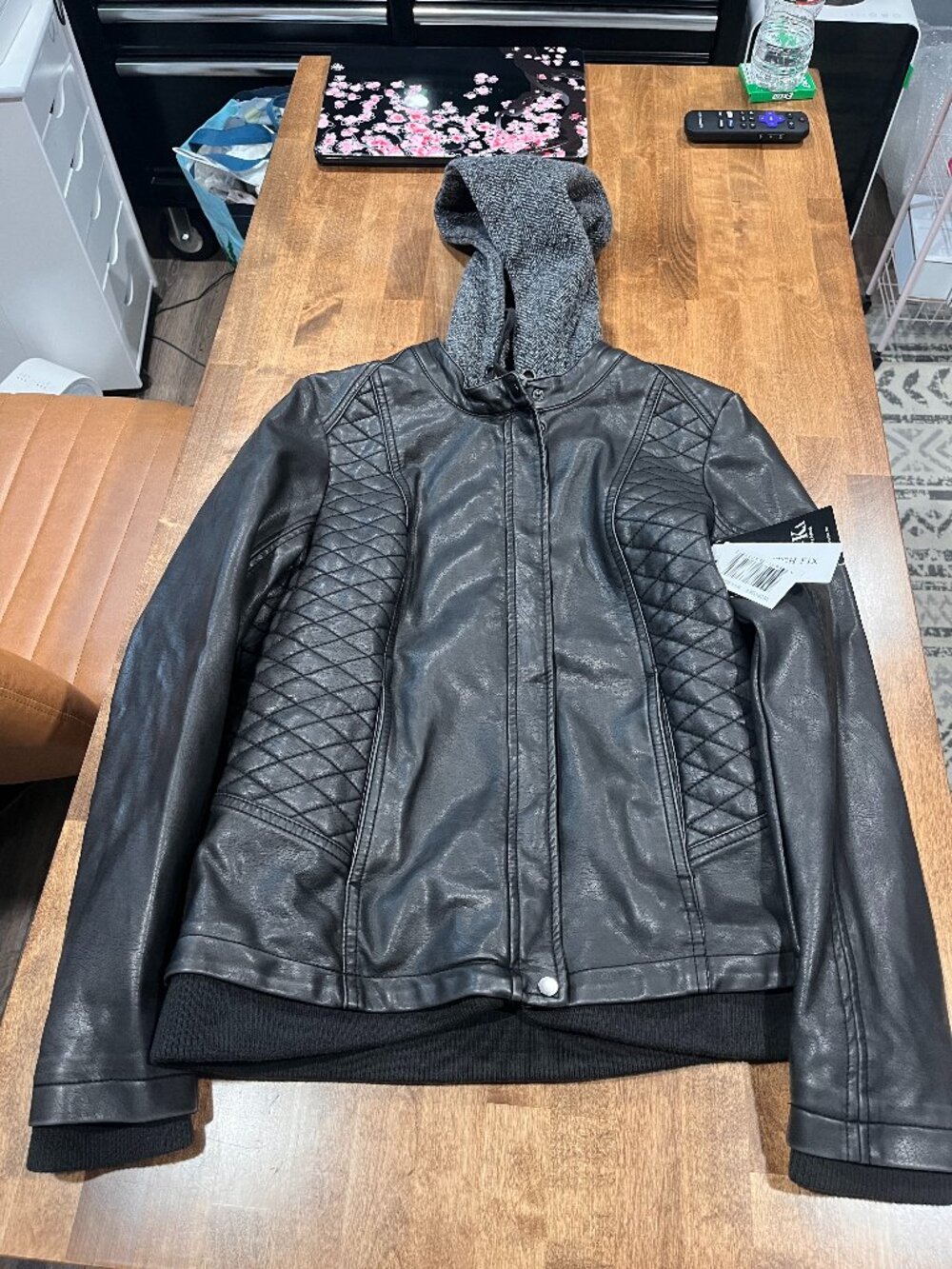 Mo-Ka Women's S Black/Gray Faux Leather Hooded Zip Lined Short Biker Jacket NWT